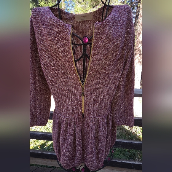 Zara Metallic Pink/Plum Silver Metalic Knit Zip Front Top SzL - Picture 5 of 12
